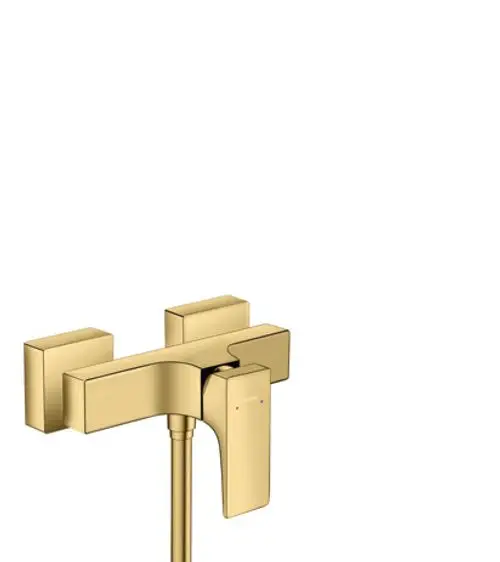 Ein hansgrohe Einhebel-Brausemischer in Polished Gold Optic, mit einem Hebelgriff. Das Design ist modern und funktional, geeignet für die Aufputzmontage.